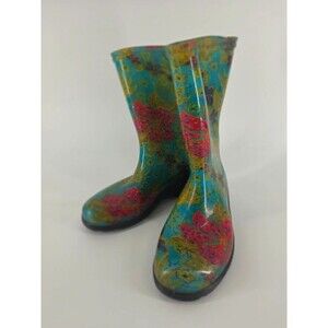 Sloggers Black Flower Power Mid-Calf Rain Garden Boots - Women's Size 6